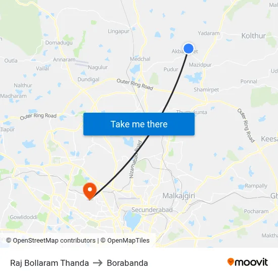 Raj Bollaram Thanda to Borabanda map