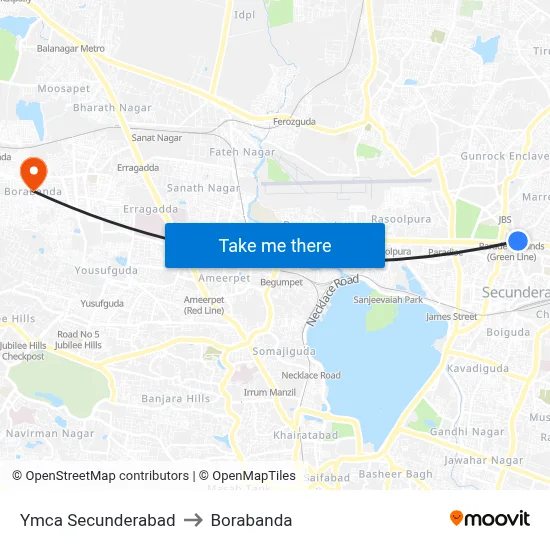Ymca Secunderabad to Borabanda map