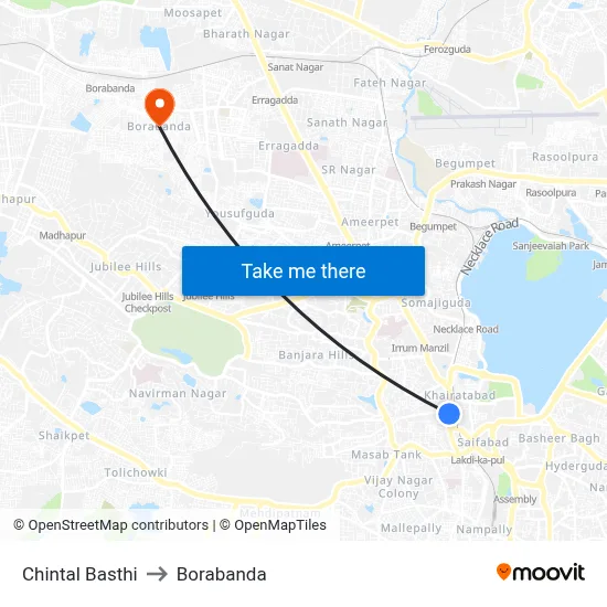 Chintal Basthi to Borabanda map
