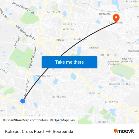 Kokapet Cross Road to बोरबंदा map