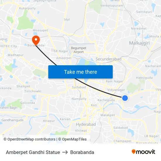 Amberpet Gandhi Statue to Borabanda map