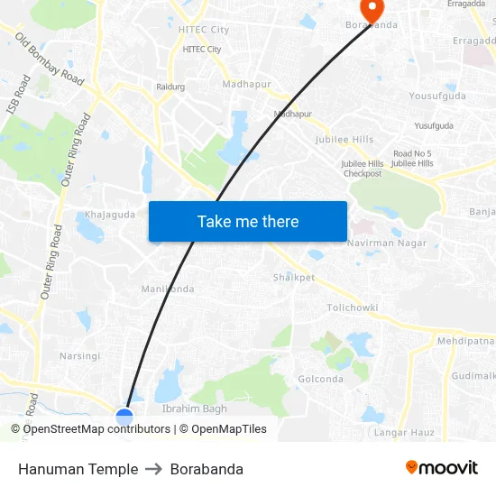 Hanuman Temple to Borabanda map
