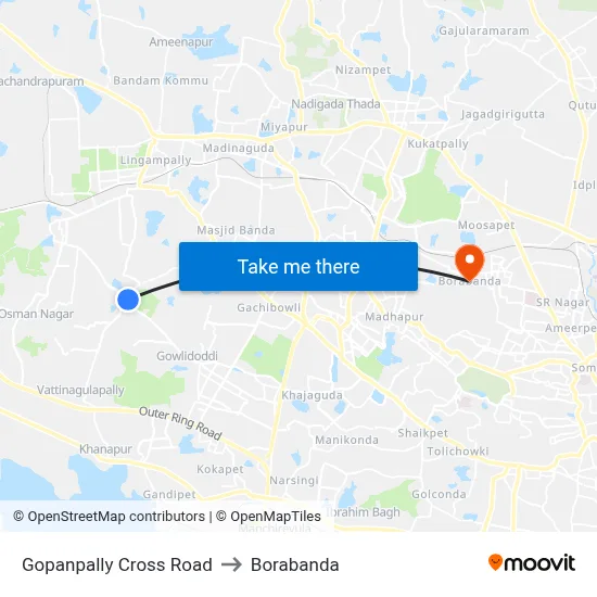 Gopanpally Cross Road to बोरबंदा map