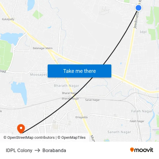 IDPL Colony to Borabanda map