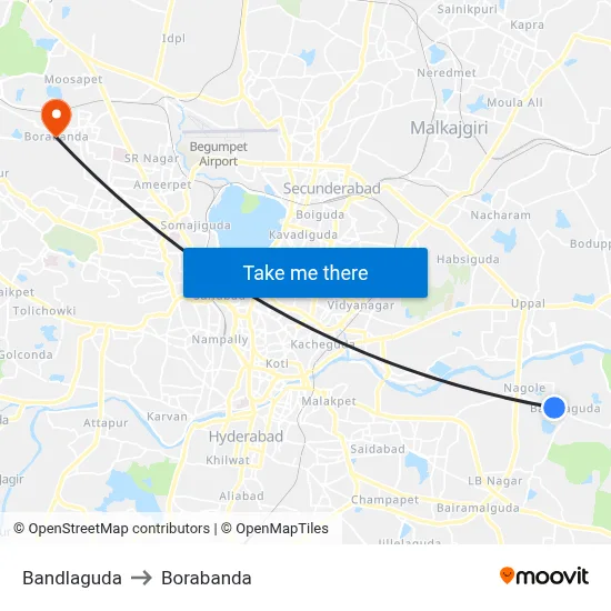 Bandlaguda to Borabanda map