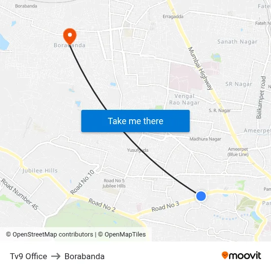 Tv9 Office to Borabanda map