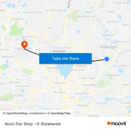 Noori Pan Shop to Borabanda map