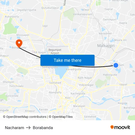 Nacharam to Borabanda map