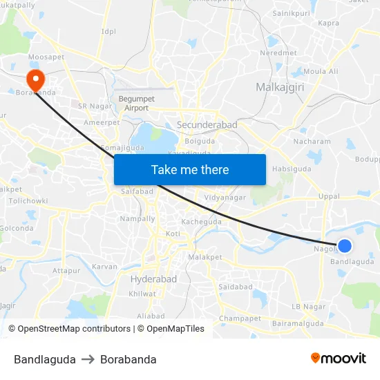 Bandlaguda to Borabanda map
