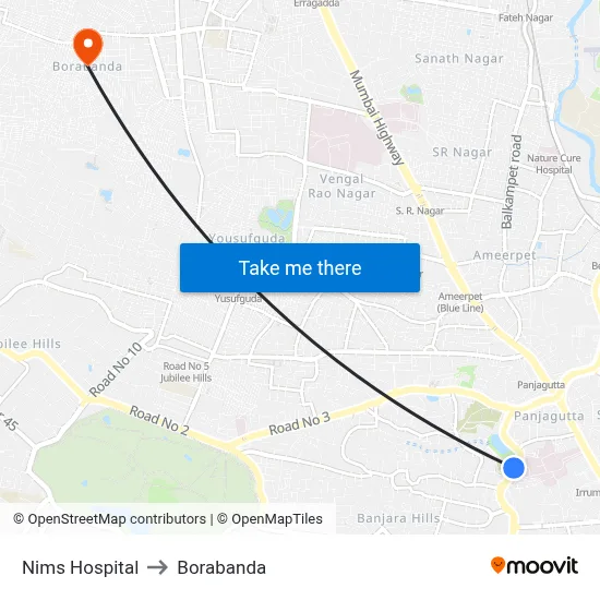 Nims Hospital to Borabanda map