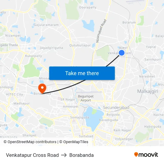 Venkatapur Cross Road to Borabanda map