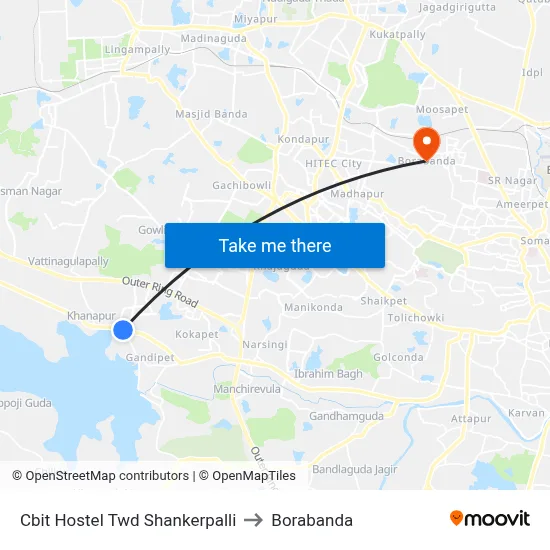 Cbit Hostel Twd Shankerpalli to Borabanda map