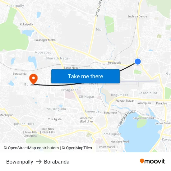 Bowenpally to Borabanda map