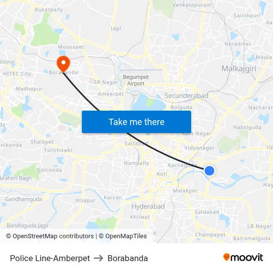 Police Line-Amberpet to Borabanda map