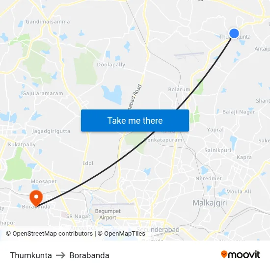 Thumkunta to Borabanda map