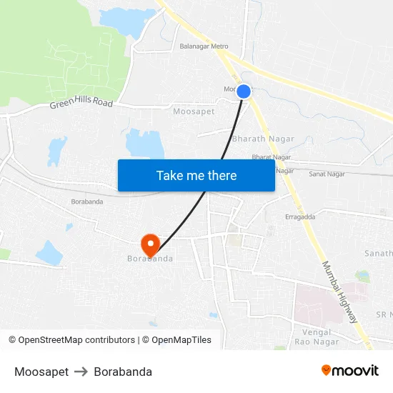 Moosapet to Borabanda map
