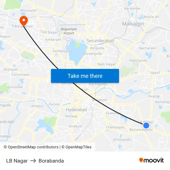 LB Nagar to Borabanda map