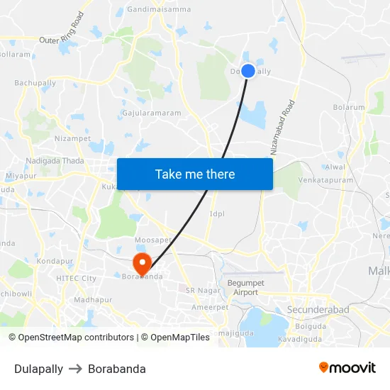 Dulapally to Borabanda map