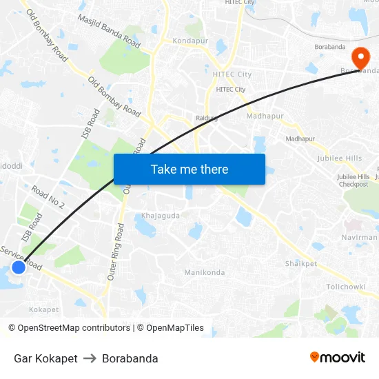 Gar Kokapet to Borabanda map