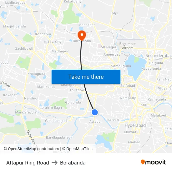 Attapur Ring Road to Borabanda map