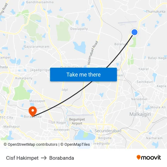 Cisf Hakimpet to Borabanda map