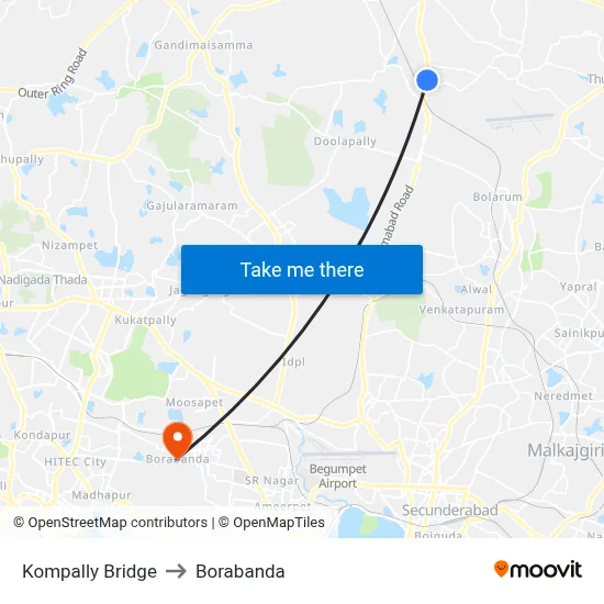Kompally Bridge to Borabanda map