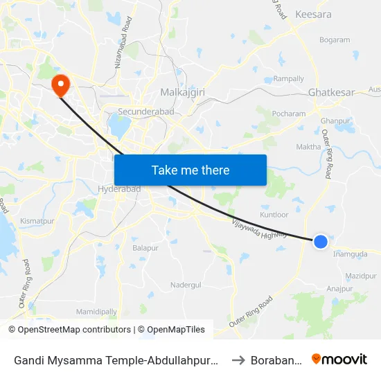 Gandi Mysamma Temple-Abdullahpurmet to Borabanda map