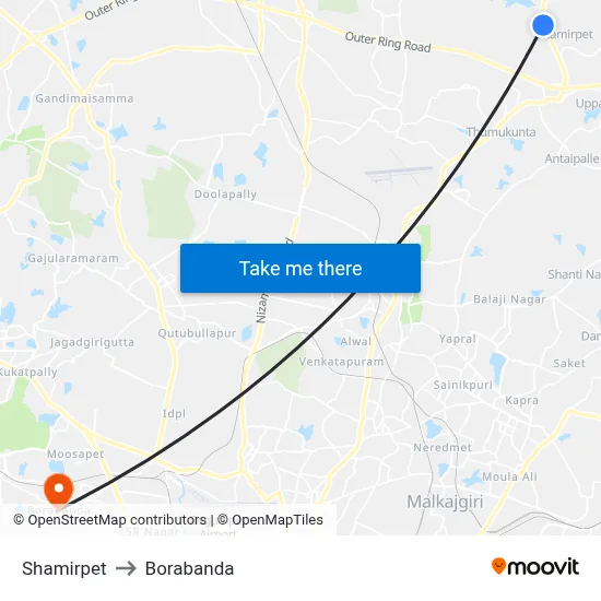 Shamirpet to Borabanda map