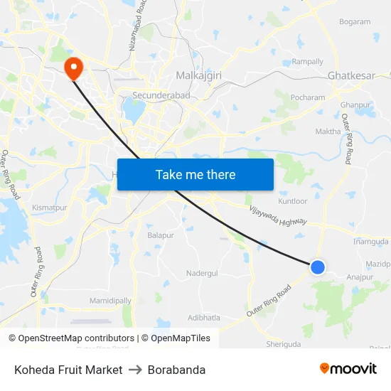 Koheda Fruit Market to Borabanda map