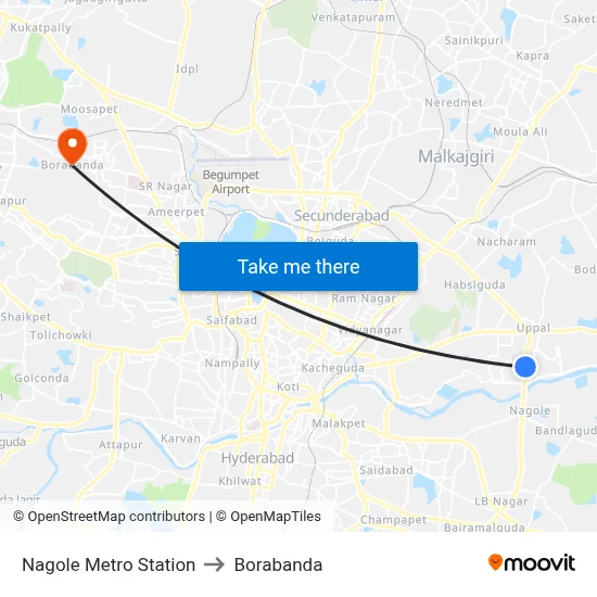 Nagole Metro Station to Borabanda map