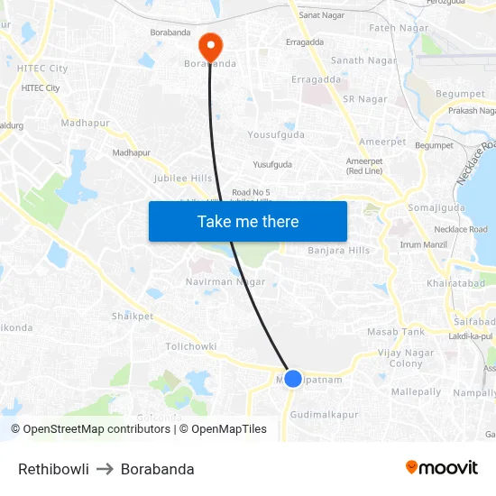 Rethibowli to Borabanda map
