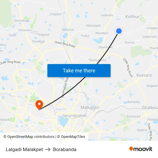 Lalgadi Malakpet to Borabanda map