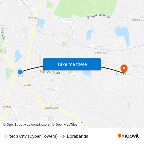 Hitech City (Cyber Towers) to Borabanda map