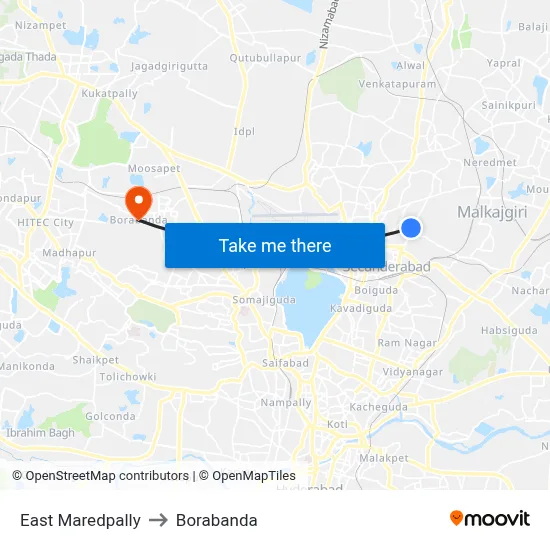 East Maredpally to Borabanda map