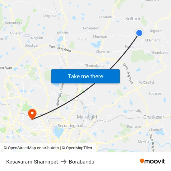 Kesavaram-Shamirpet to Borabanda map