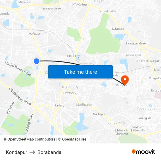 Kondapur to Borabanda map