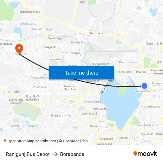 Ranigunj Bus Depot to Borabanda map