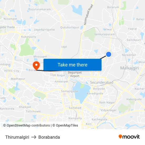Thirumalgiri to Borabanda map