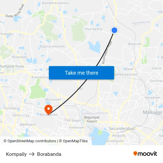 Kompally to Borabanda map