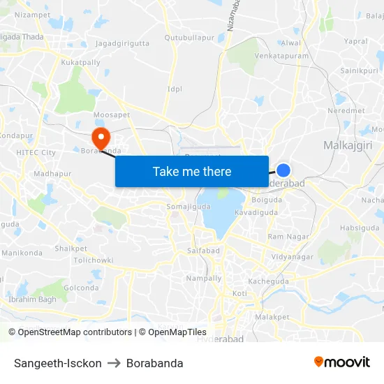Sangeeth-Isckon to Borabanda map