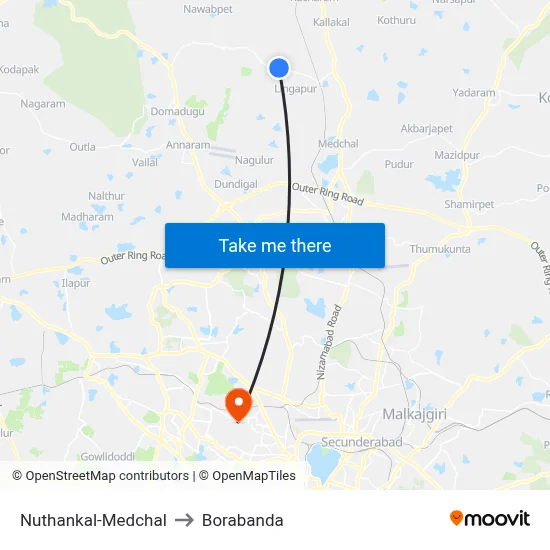 Nuthankal-Medchal to Borabanda map