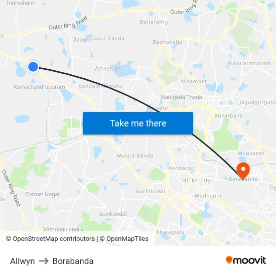 Allwyn to Borabanda map
