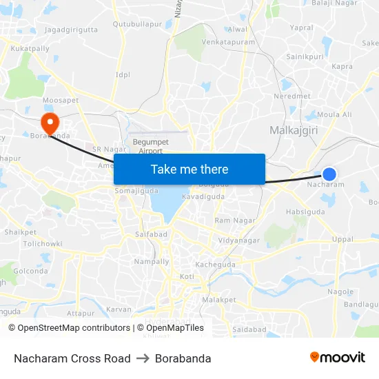 Nacharam Cross Road to Borabanda map