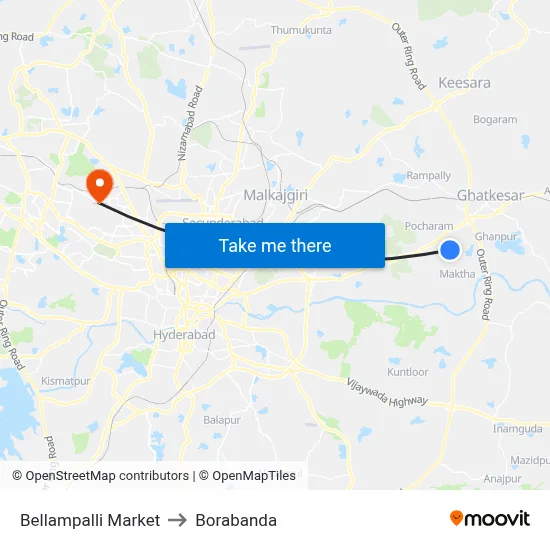 Bellampalli Market to Borabanda map