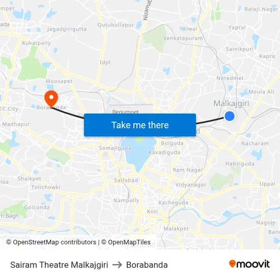 Sairam Theatre Malkajgiri to Borabanda map