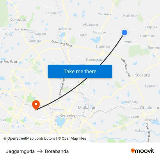 Jaggamguda to Borabanda map