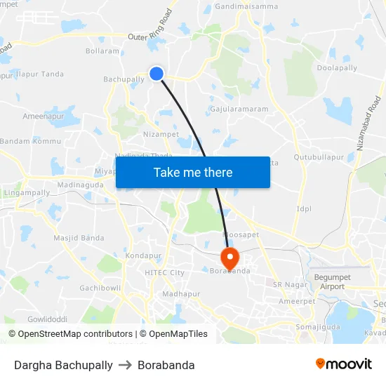 Dargha Bachupally to Borabanda map