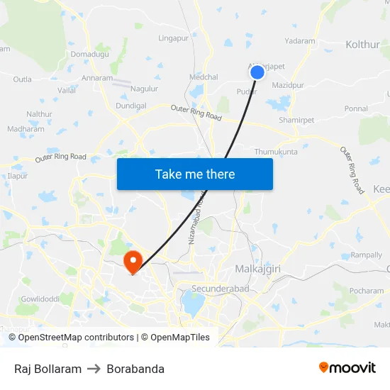 Raj Bollaram to Borabanda map