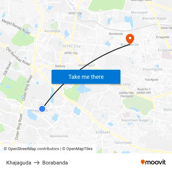 Khajaguda to Borabanda map