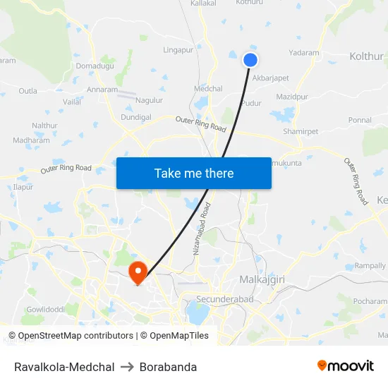 Ravalkola-Medchal to Borabanda map